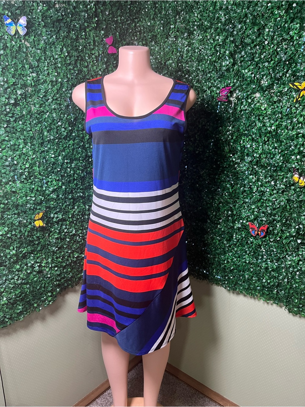 MSK Sleeveless Striped Midi Dress in Blue, Red, Pink, Black & White